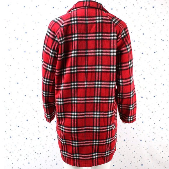Single Breasted Plaid Pea Coat Jacket Red/Black - Picture 7 of 8